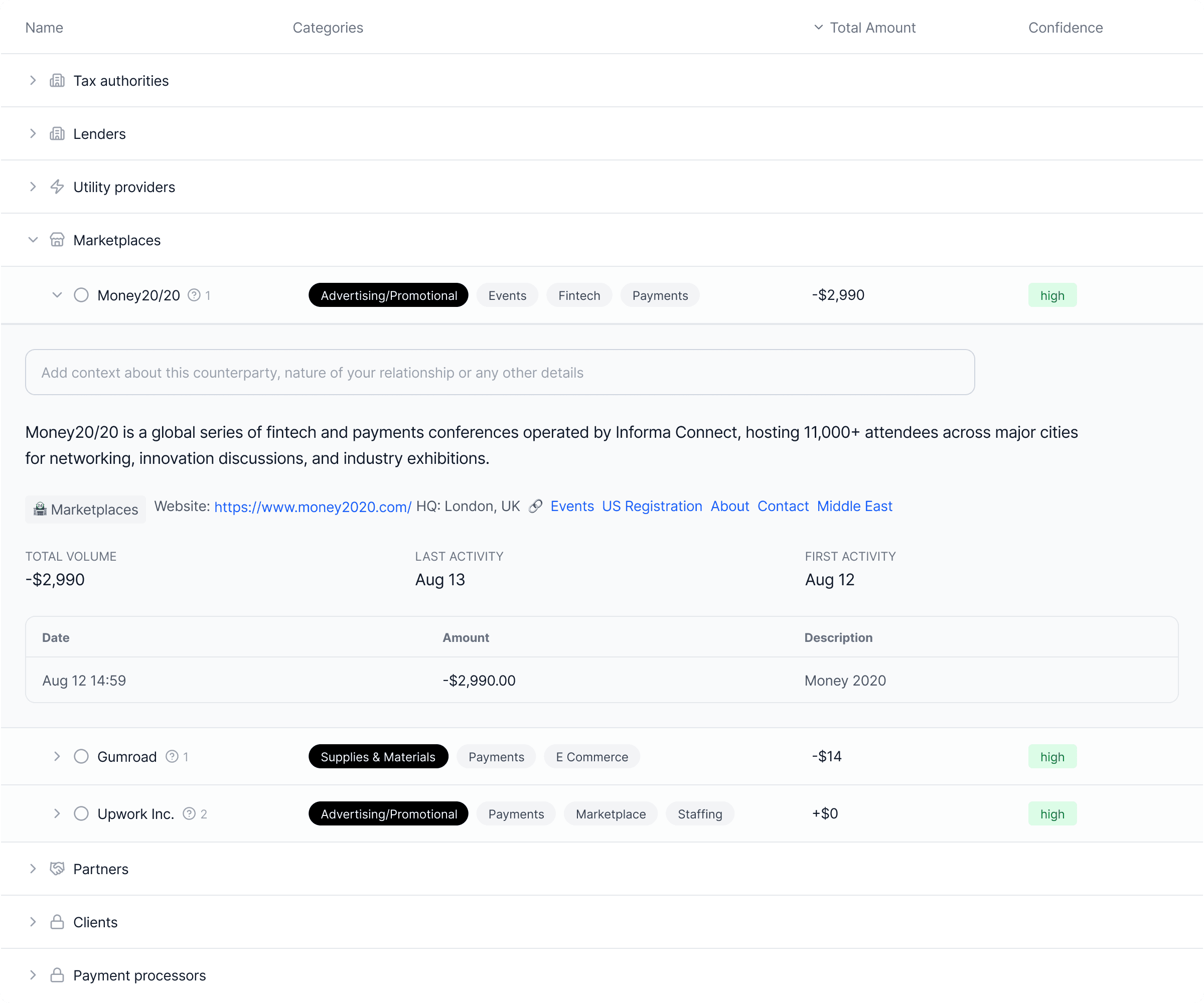 Business Hub showing transaction categorization