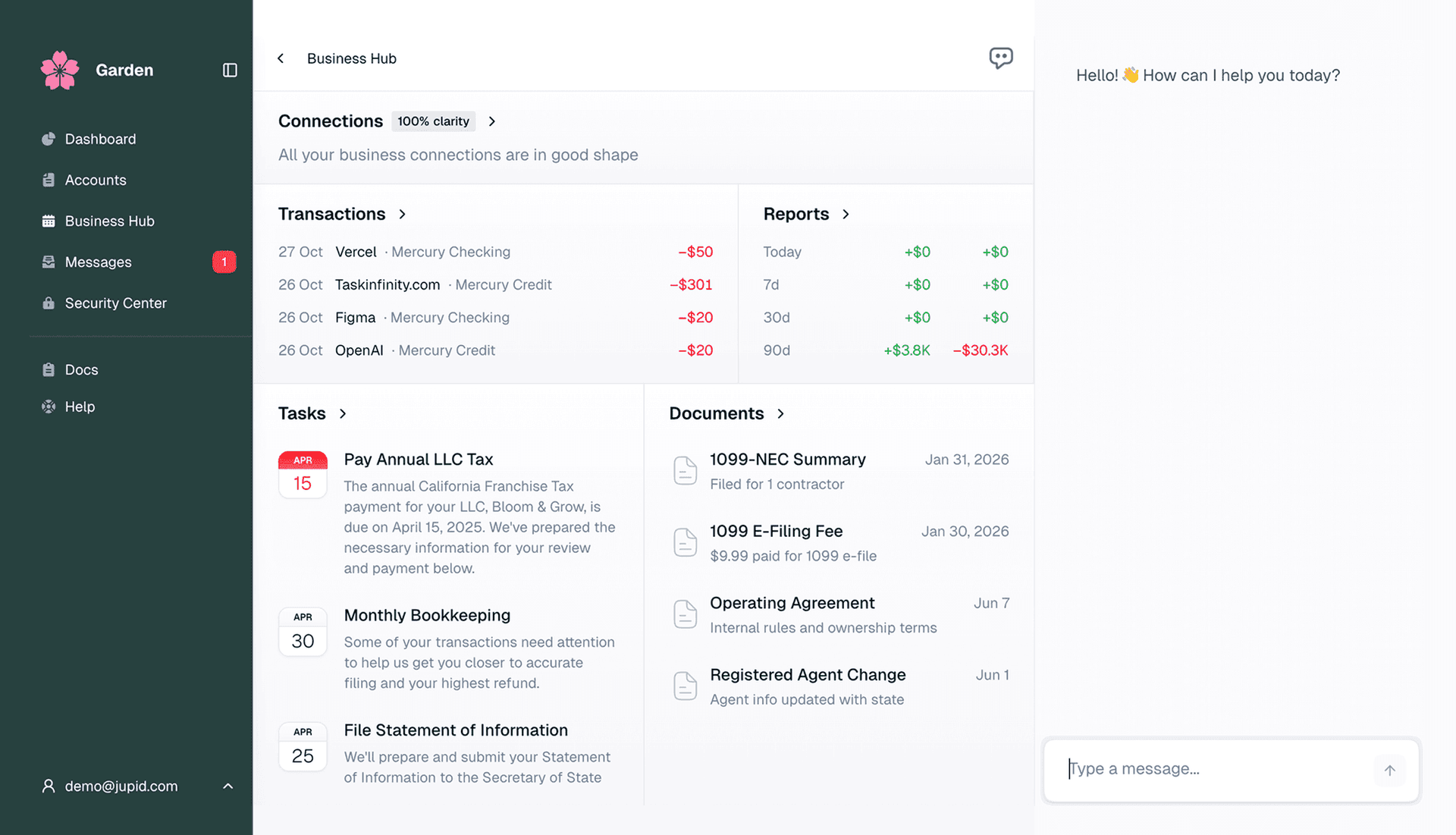 Jupid embedded business hub interface