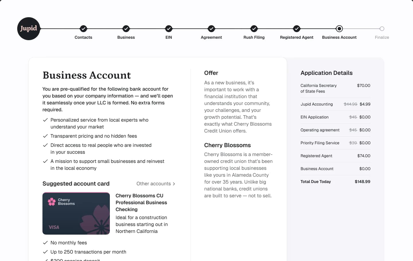 Business formation and account opening interface