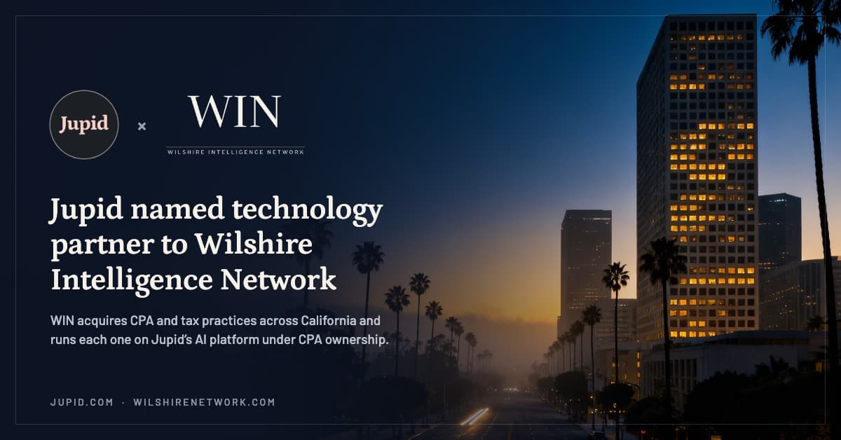Jupid and Wilshire Intelligence Network (WIN) logos over Wilshire Boulevard in Los Angeles at dusk