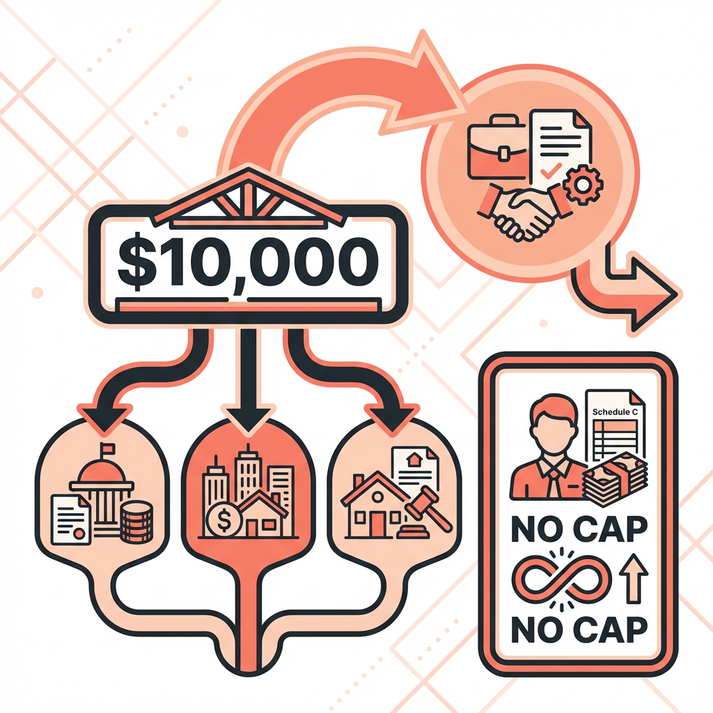 SALT deduction guide infographic showing cap, phaseout, and PTE workaround